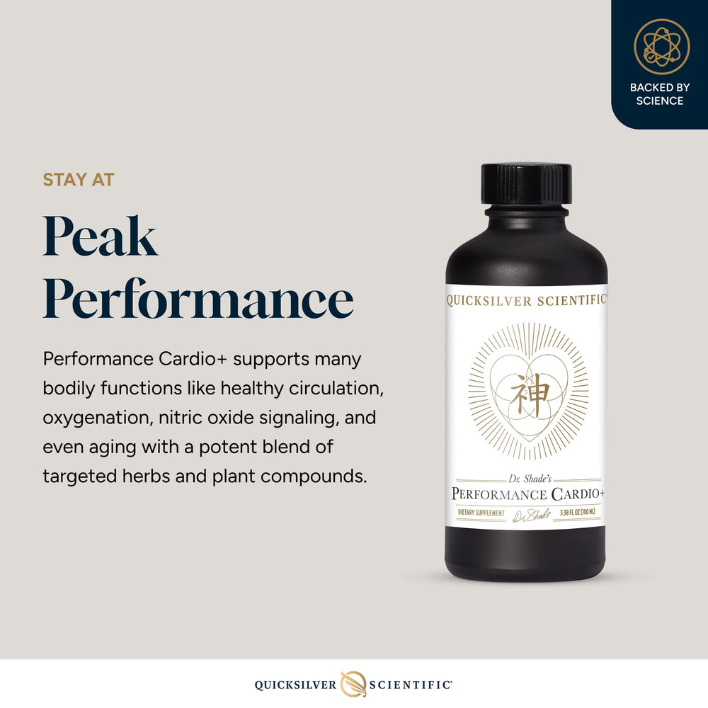 Quicksilver Scientific Performance Cardio+ hawthorn and gingko herbal blend for circulation.