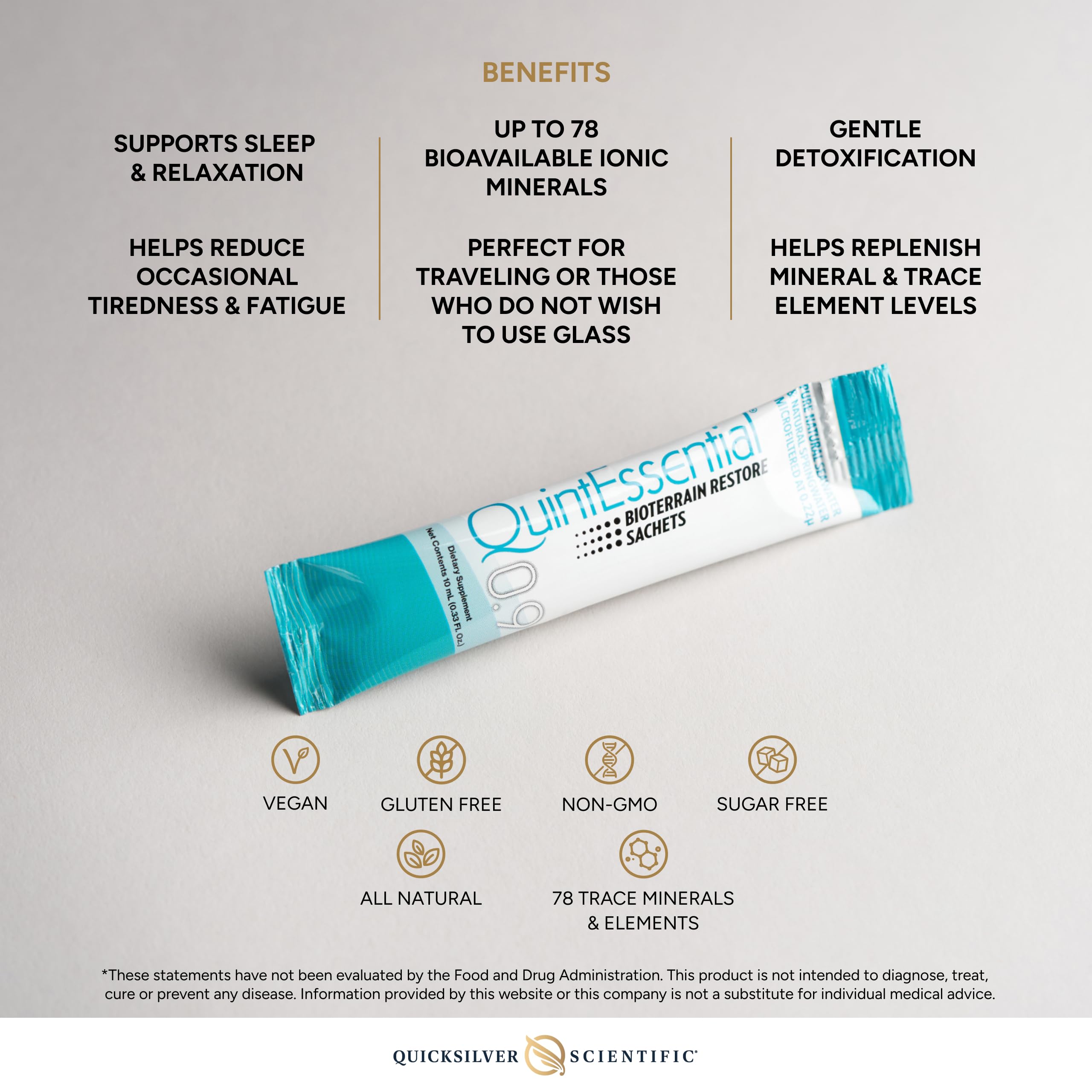 Quicksilver Scientific Quintessential 0.9 sachets poured into a glass for quick hydration