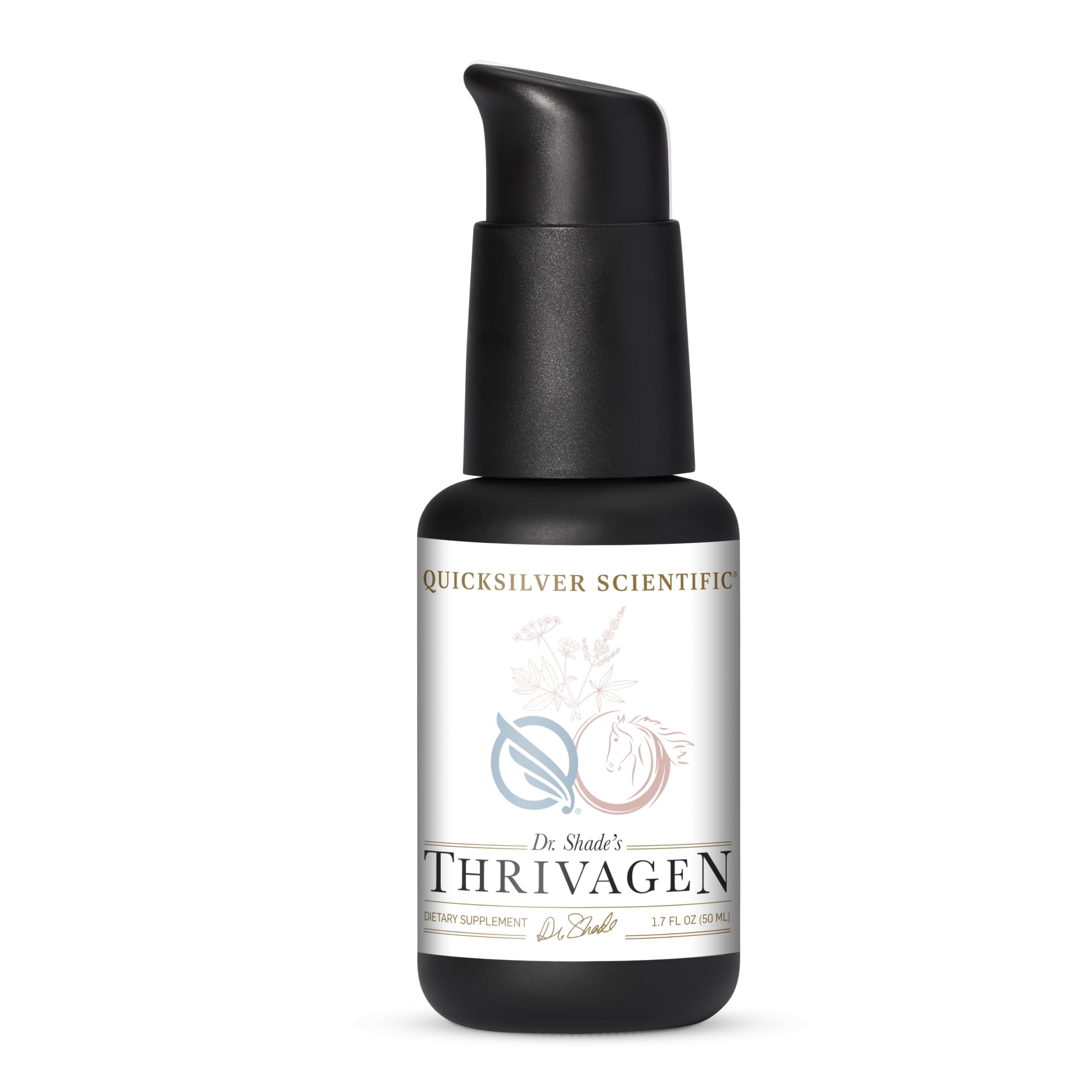Quicksilver Scientific Thrivagen bottle pour illustrating convenient daily use for hormonal balance support.