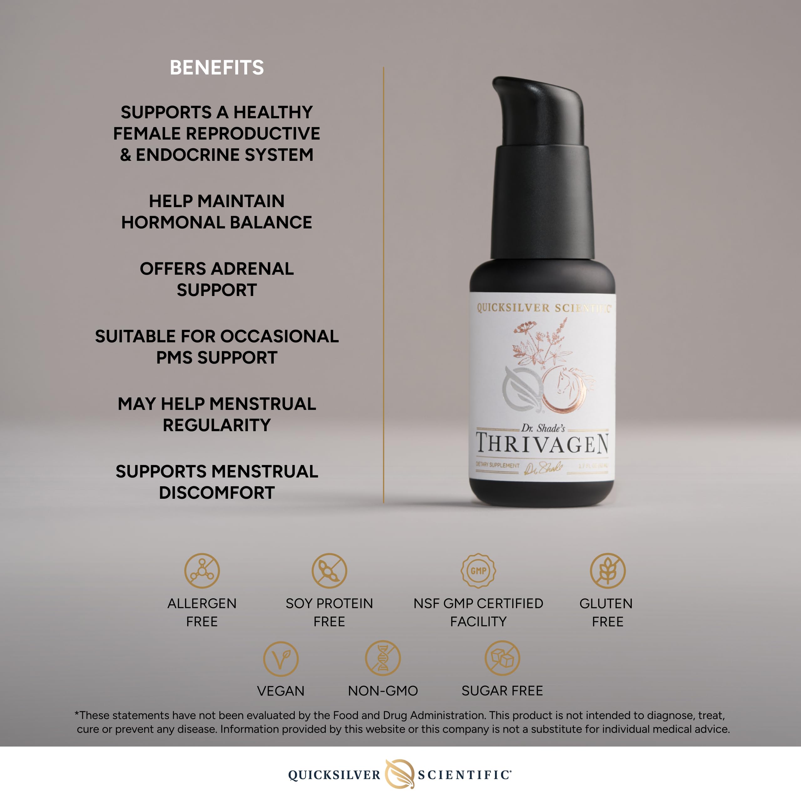 Thrivagen ingredients list image points to 16 herbs supporting monthly resilience.
