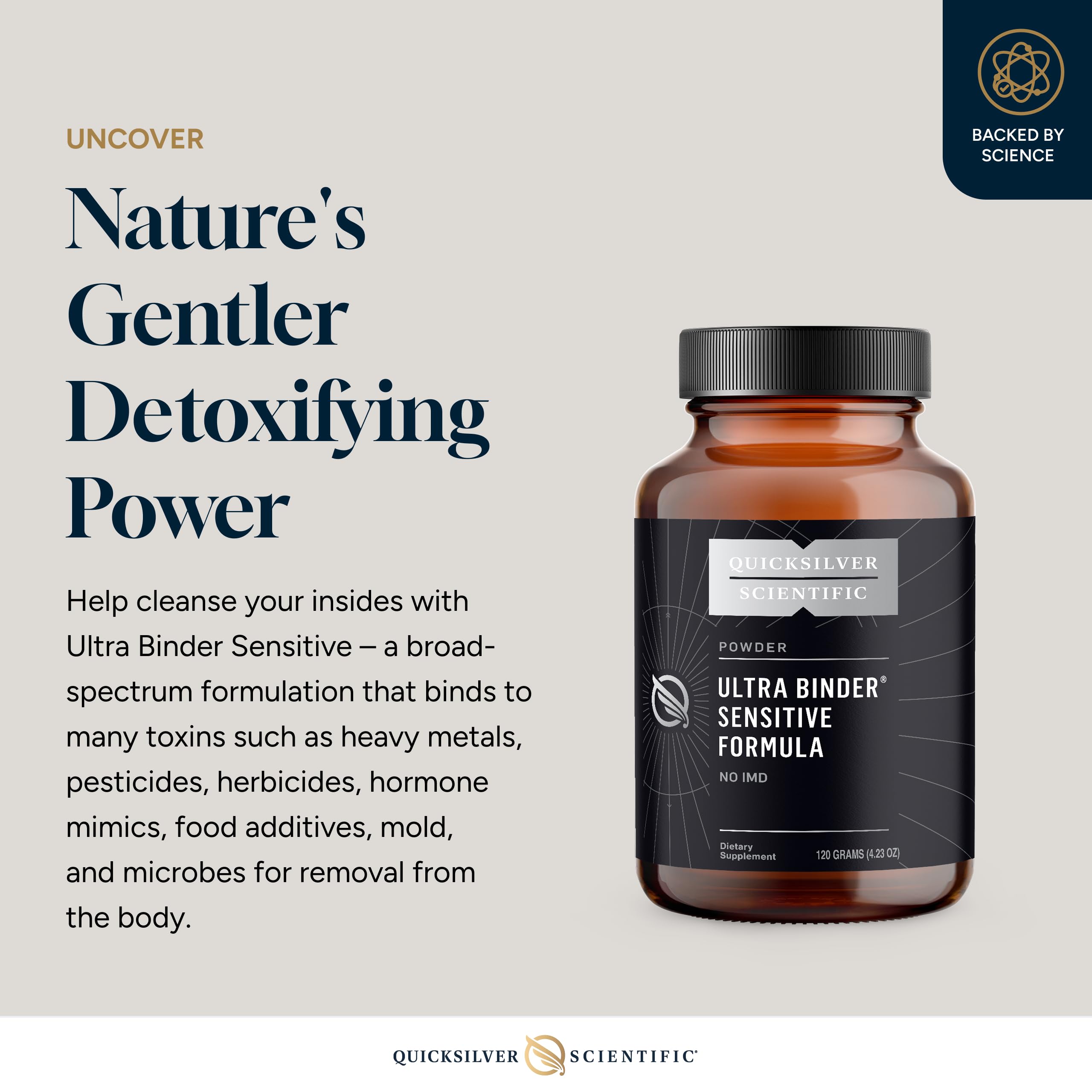 Quicksilver Scientific Ultra Binder Sensitive Formula label highlights gluten-free formula and key ingredients