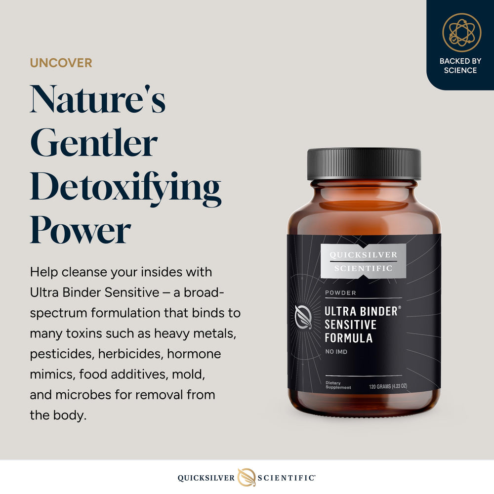 Quicksilver Scientific Ultra Binder Sensitive Formula label highlights gluten-free formula and key ingredients