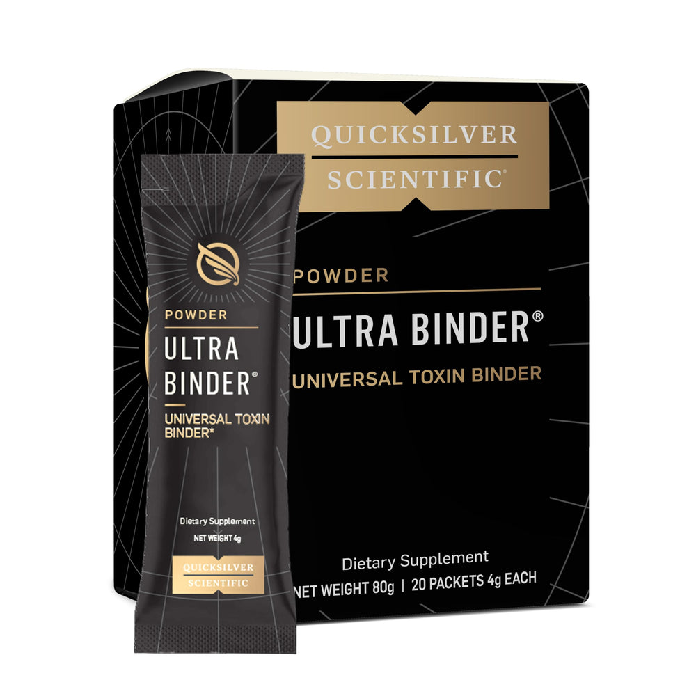 Quicksilver Ultra Binder Stick Packets shown in packaging for on-the-go detox.