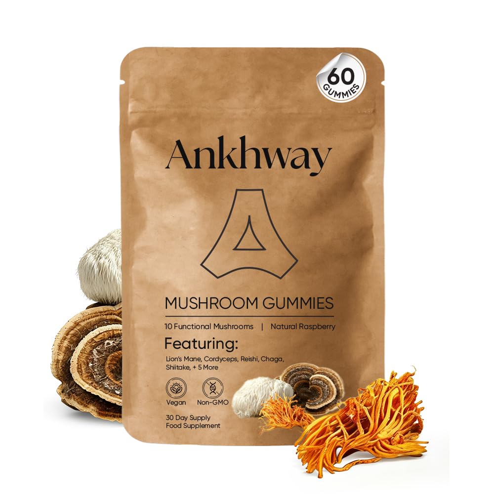 QUIET DOSE Ankhway Mushroom Gummies bottle close-up highlighting natural flavor for daily enjoyment.