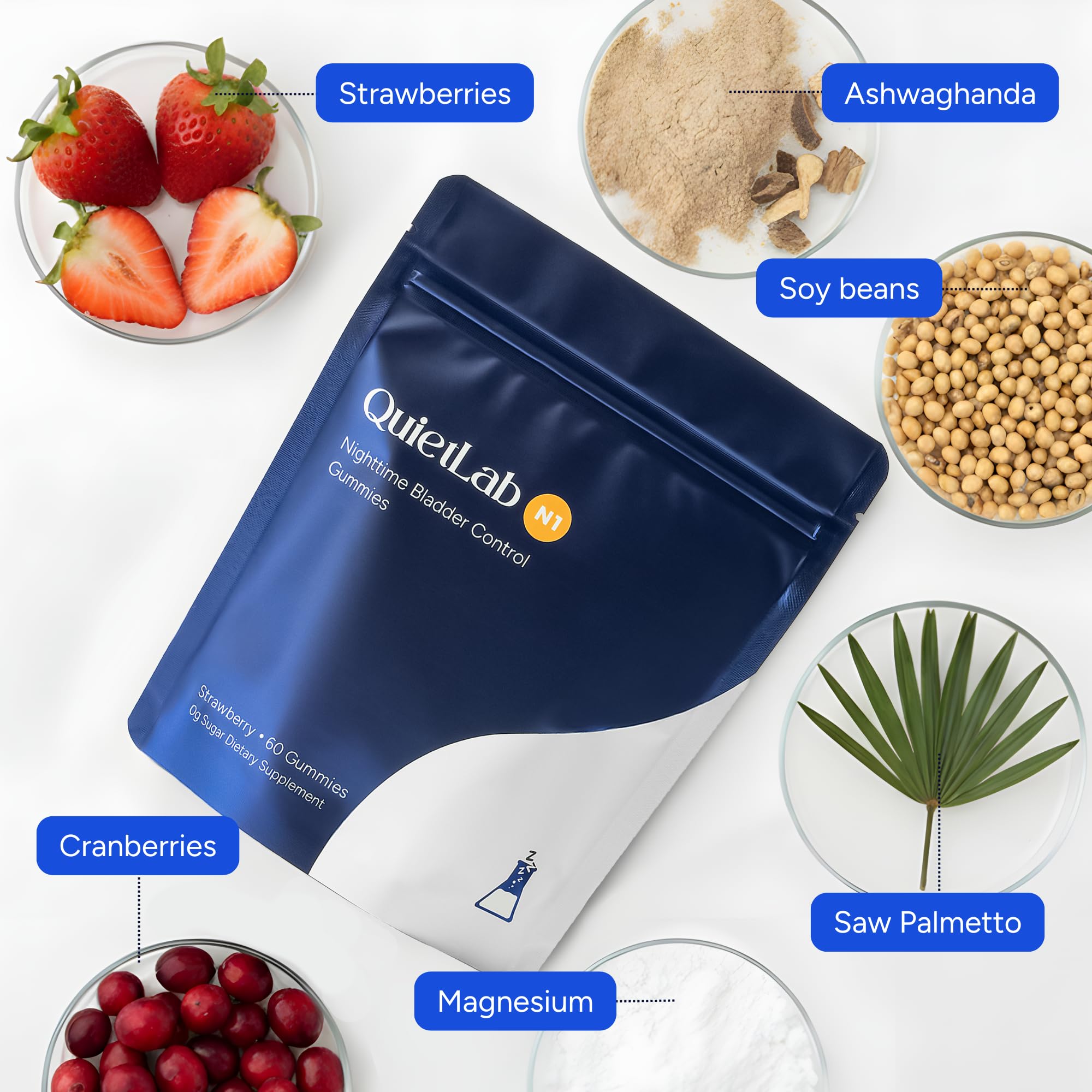 QuietLab N1 gummies close-up strawberry flavor highlighting daily use before bed.