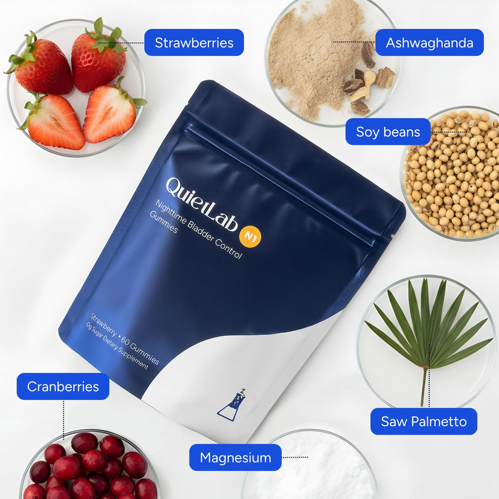 QuietLab N1 gummies close-up strawberry flavor highlighting daily use before bed.