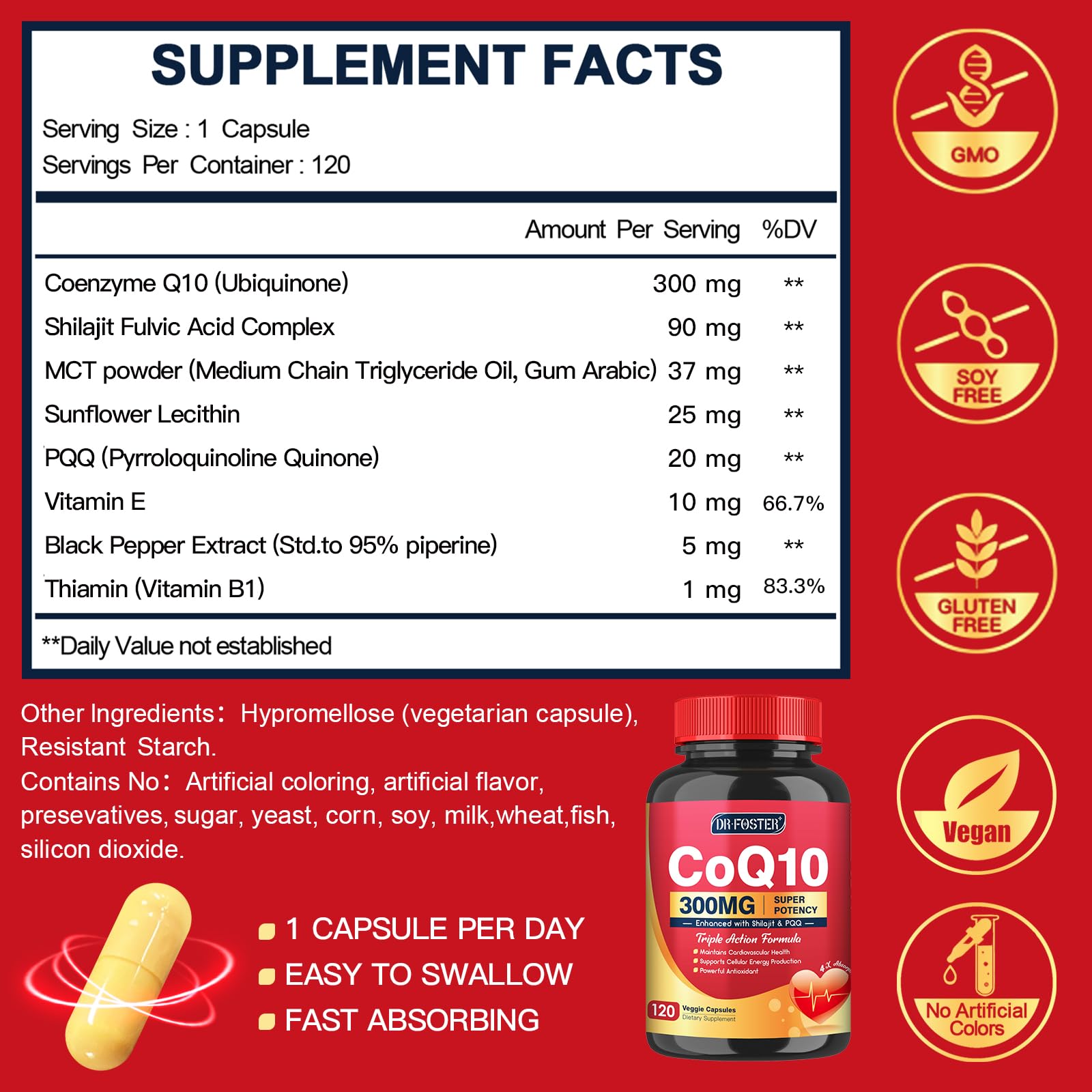 Quinovit CoQ10 300mg capsules closeup showing capsule texture and potency.