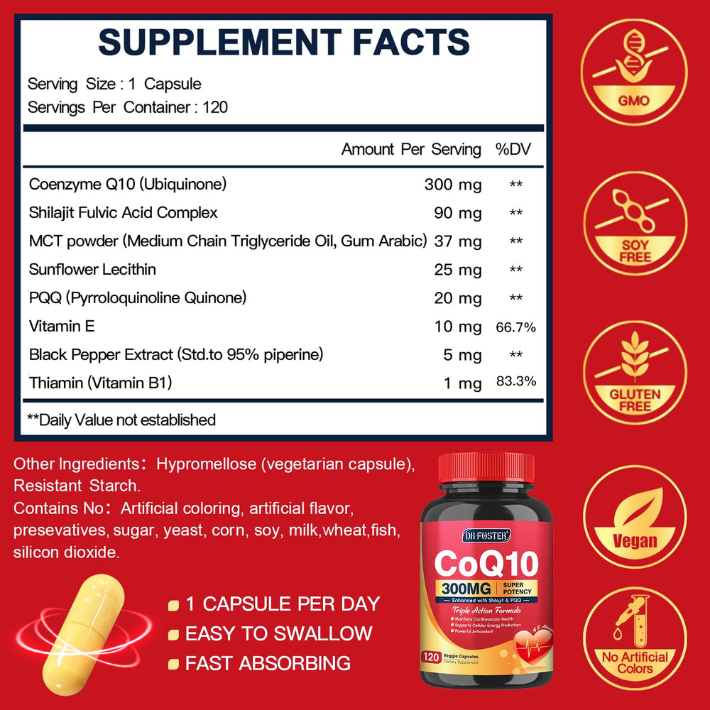 Quinovit CoQ10 300mg capsules closeup showing capsule texture and potency.