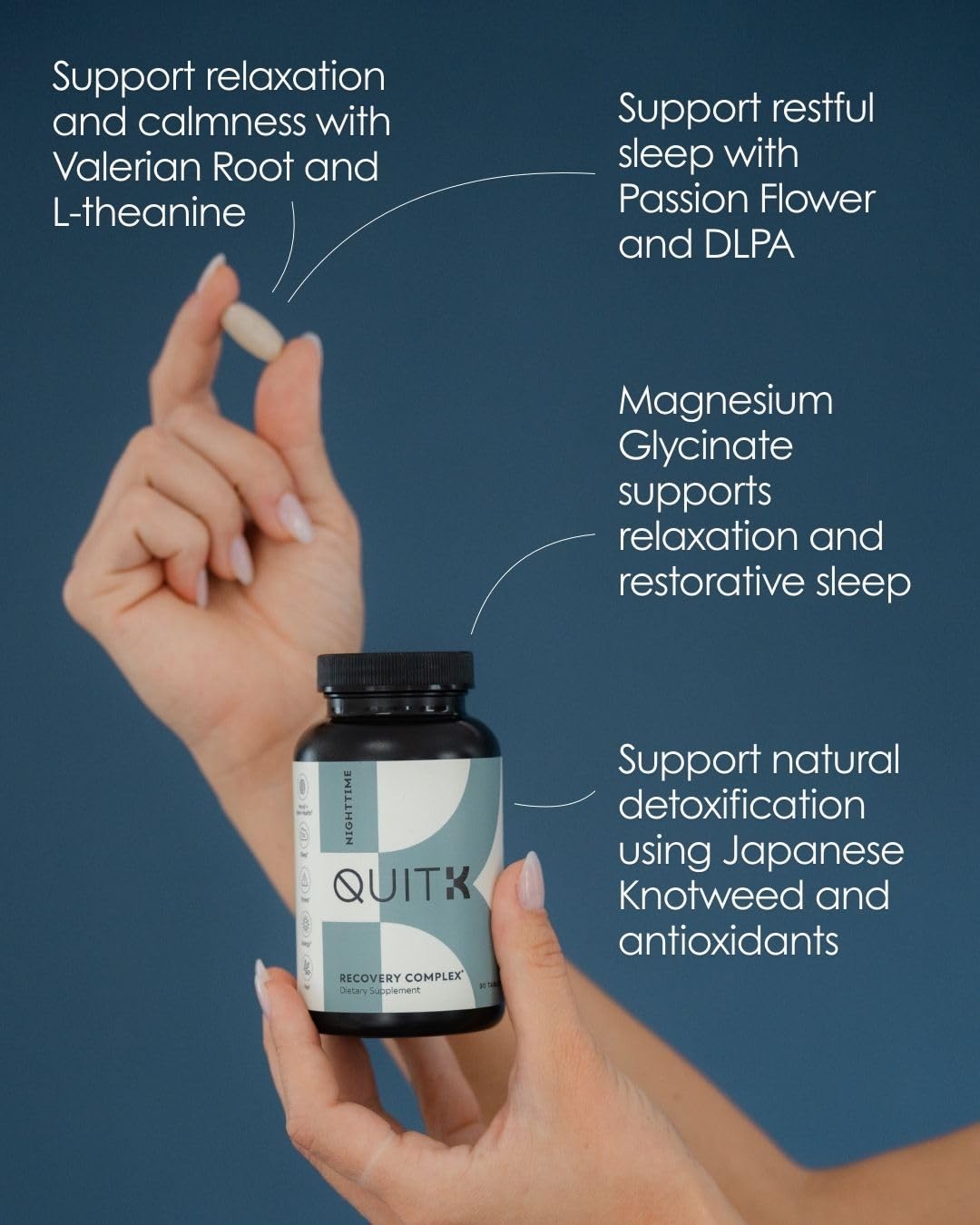 QuitK Recovery bottle mockup with label details and clear dosage guidance.