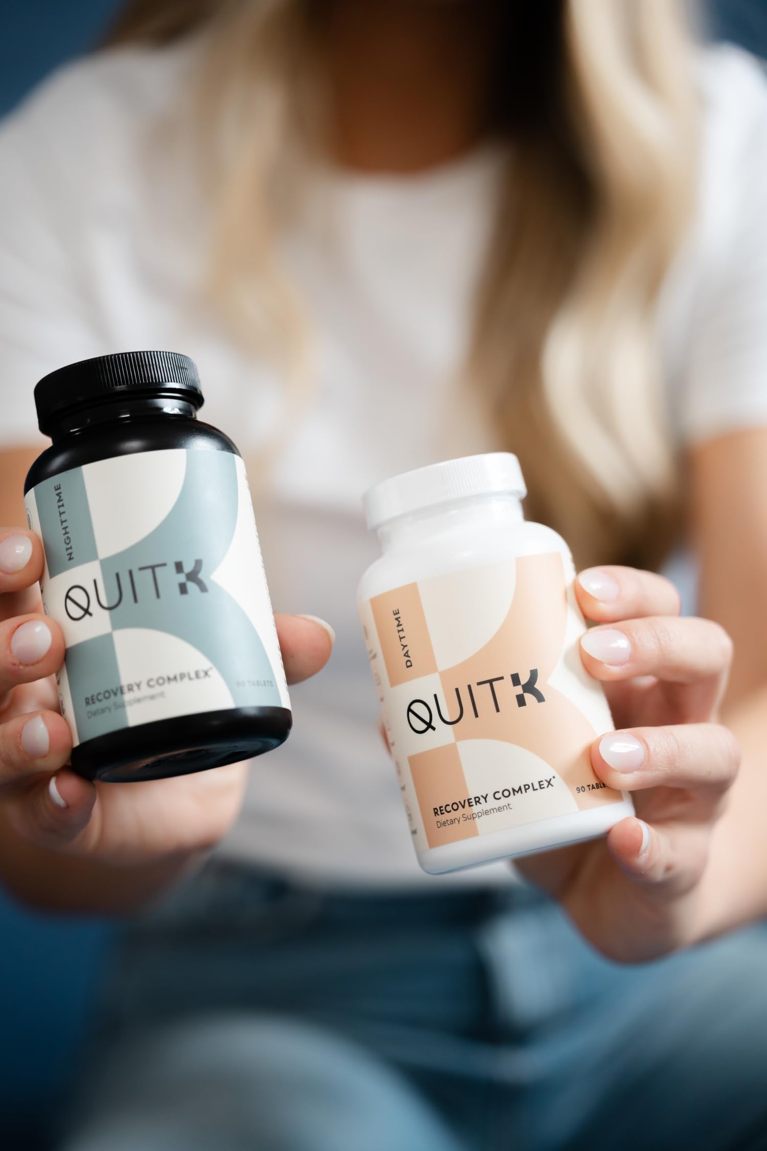 QuitK Recovery daily-use instruction image demonstrates taking three daytime and three nighttime tablets.