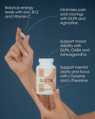 QuitK Recovery ingredient list highlights magnesium, ashwagandha, and L-theanine for balance.