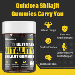 Hands holding Quixiora Shilajit Gummies highlight portable daily supplement for on-the-go wellness.