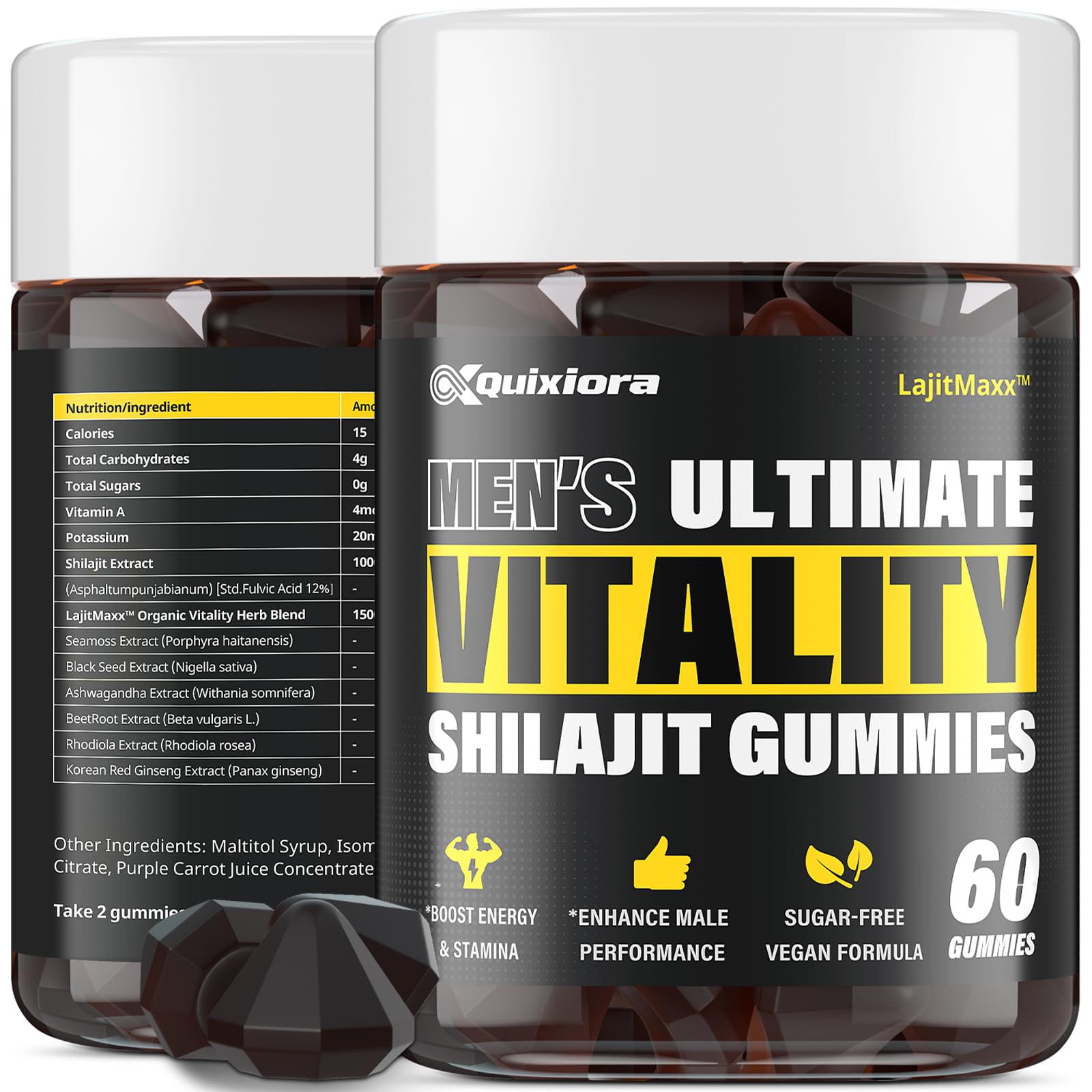 Quixiora Shilajit Gummies in a Himalayan jar showing premium resin formula for daily vitality.