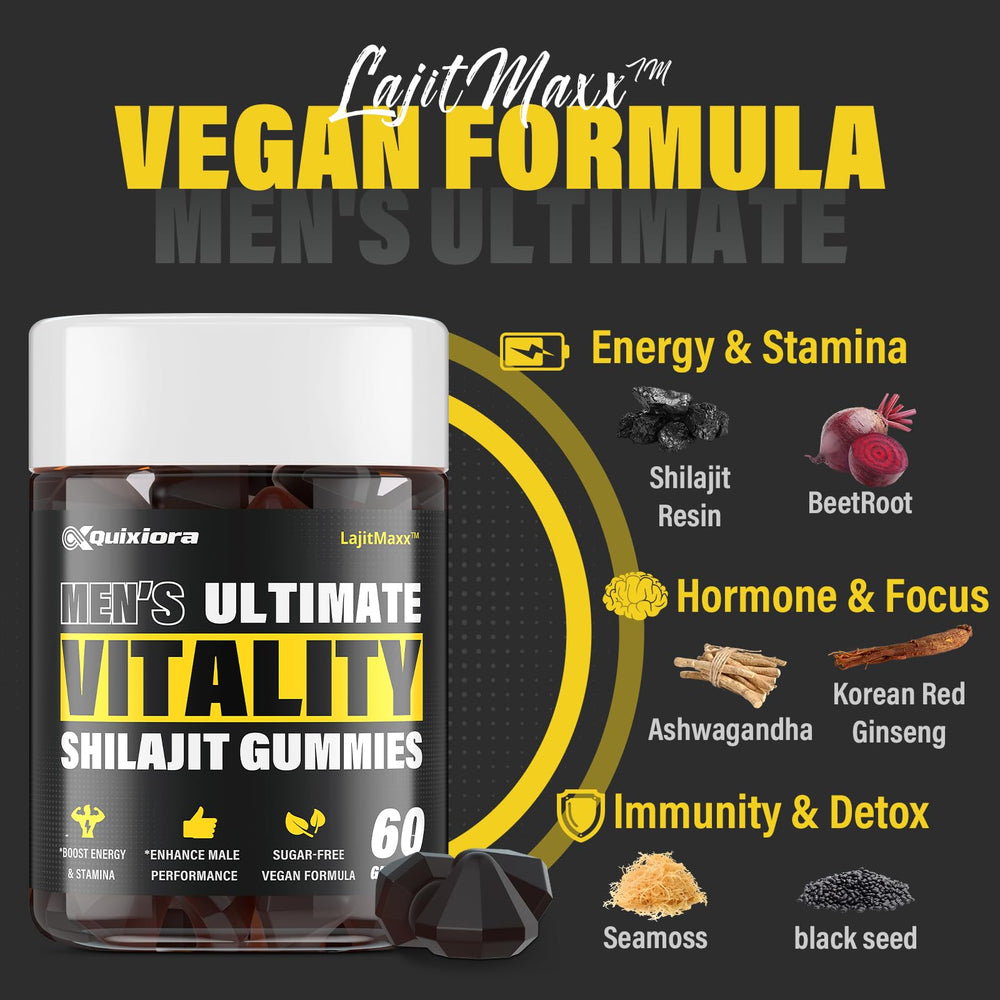 Quixiora Shilajit Gummies packaging box conveying ready-to-go daily wellness.