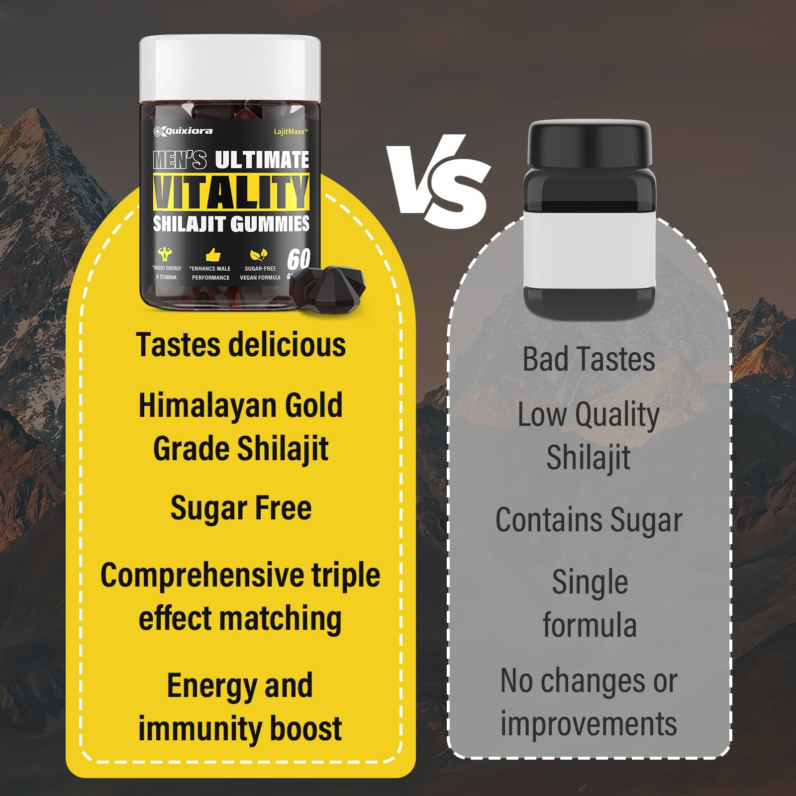 Quixiora gummies with visible seamoss and ashwagandha cues suggest a balanced routine.