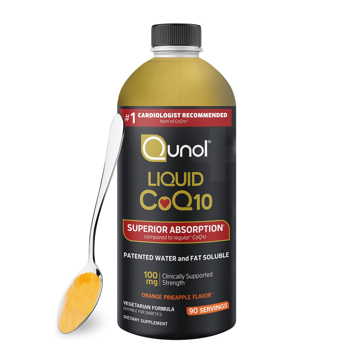 Qunol CoQ10 liquid bottle front for daily heart energy support.