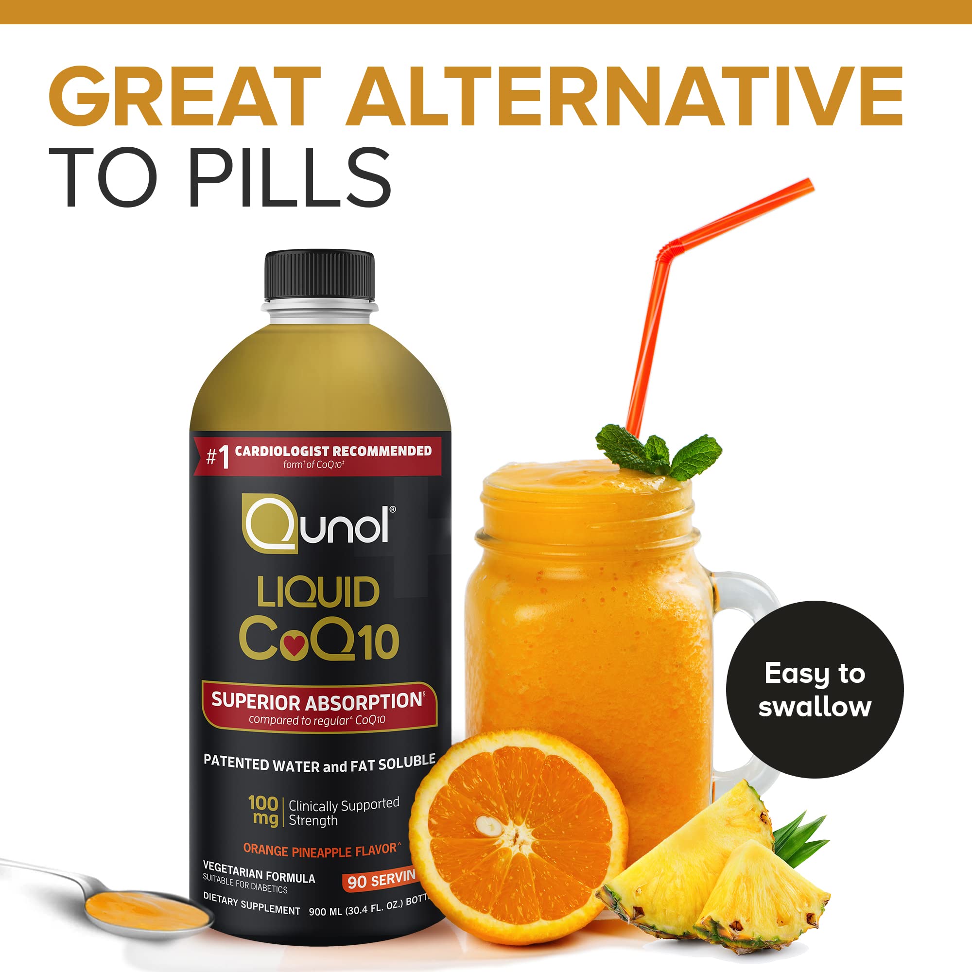 Qunol CoQ10 bottle pour showing convenient dosing for easy use.