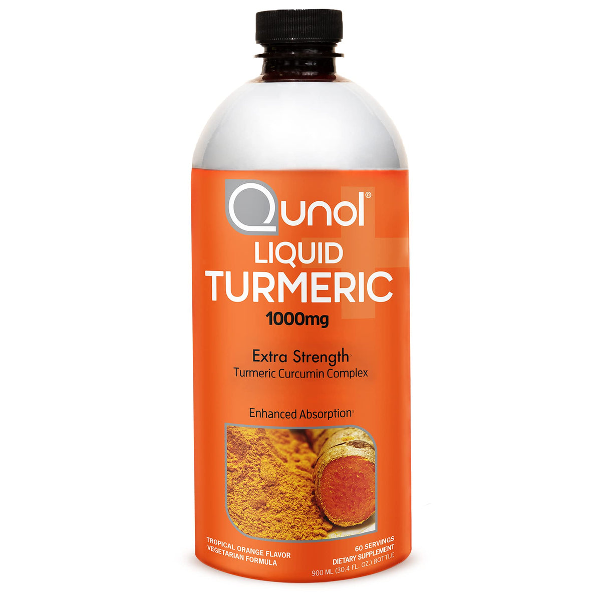 Qunol Liquid Turmeric bottle pouring, highlighting convenient daily use and absorption benefits