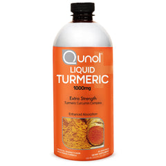 Qunol Liquid Turmeric bottle pouring, highlighting convenient daily use and absorption benefits