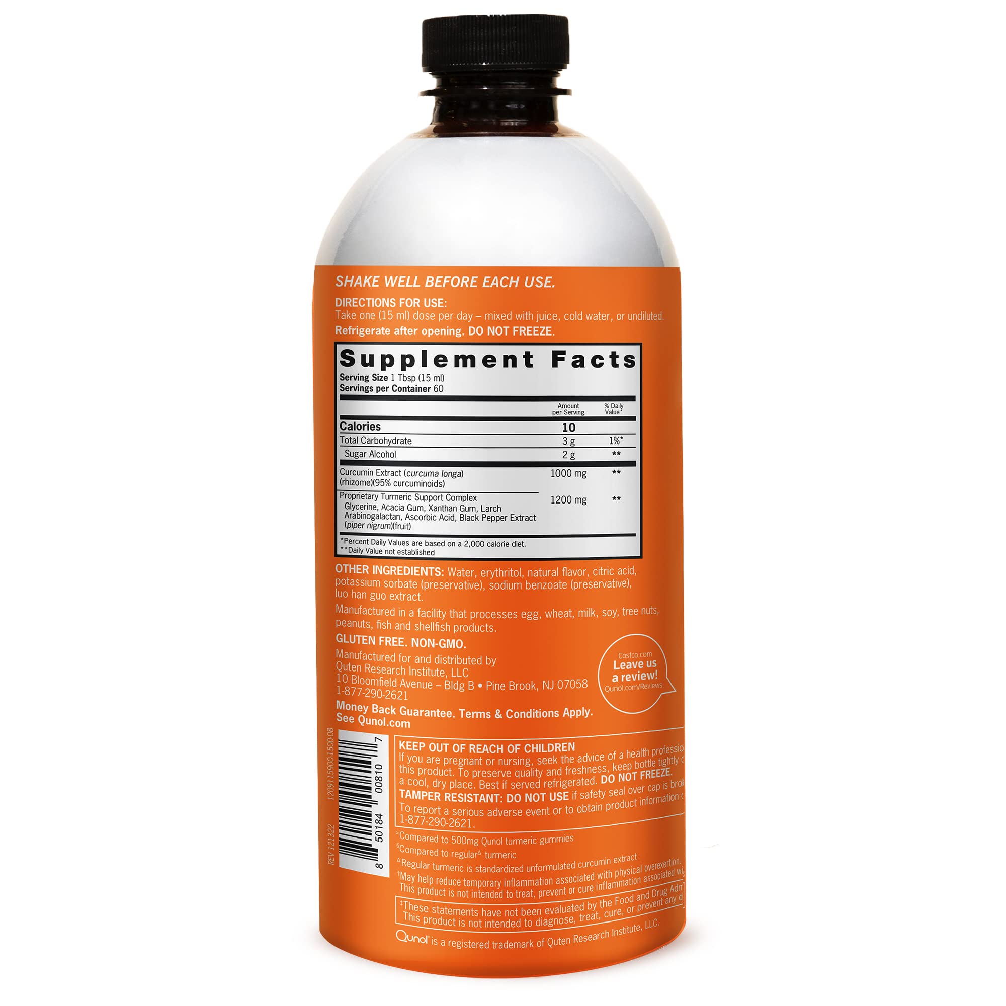 Qunol Liquid Turmeric label close-up, showcasing 95% curcuminoids for enhanced absorption