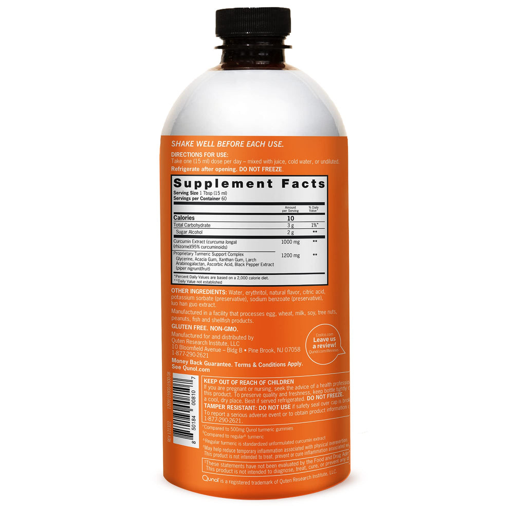 Qunol Liquid Turmeric label close-up, showcasing 95% curcuminoids for enhanced absorption