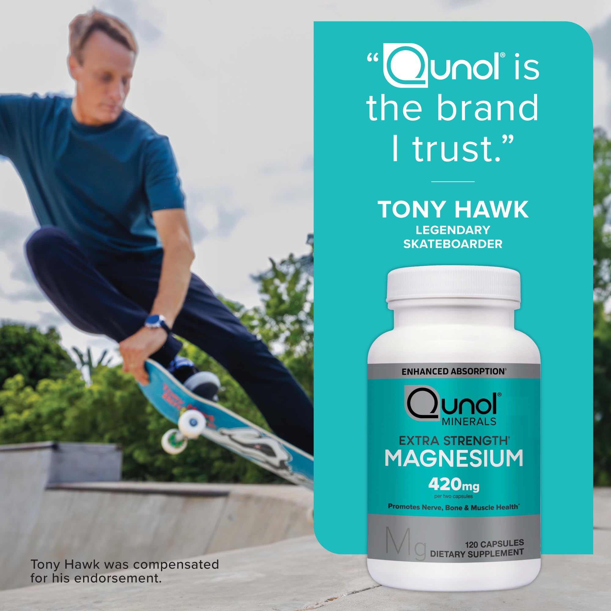 Qunol Magnesium 420mg bottle beside a glass of water for daily use.