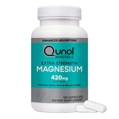 Qunol Magnesium 420mg capsules bottle with high absorption formula supporting daily muscle function.