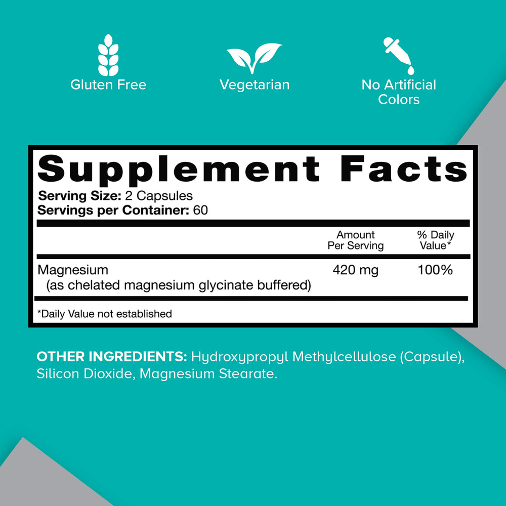 Qunol Magnesium 420mg ingredients panel shows magnesium glycinate form for better absorption.