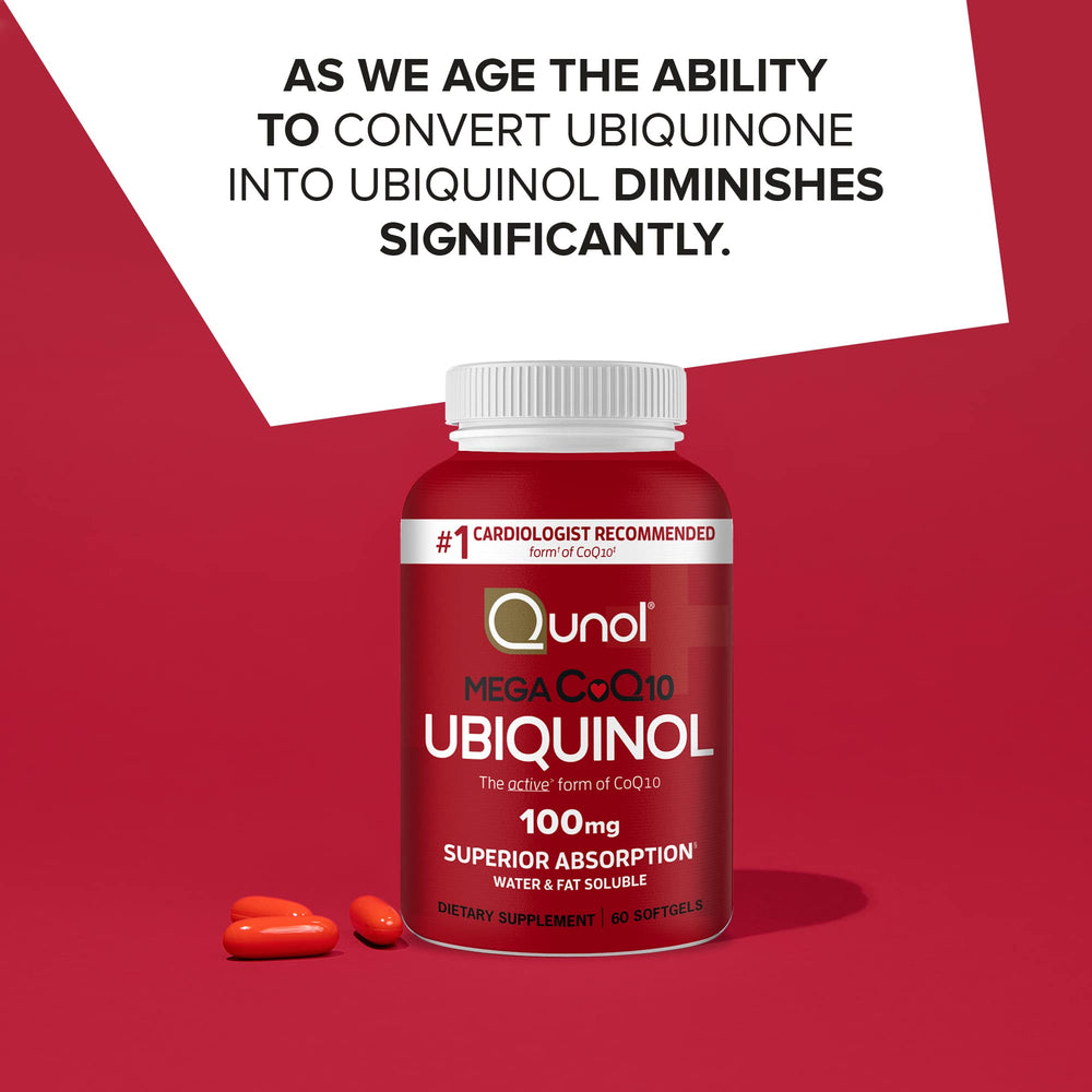 Qunol Mega Ubiquinol 100mg packaging on shelf highlights superior absorption