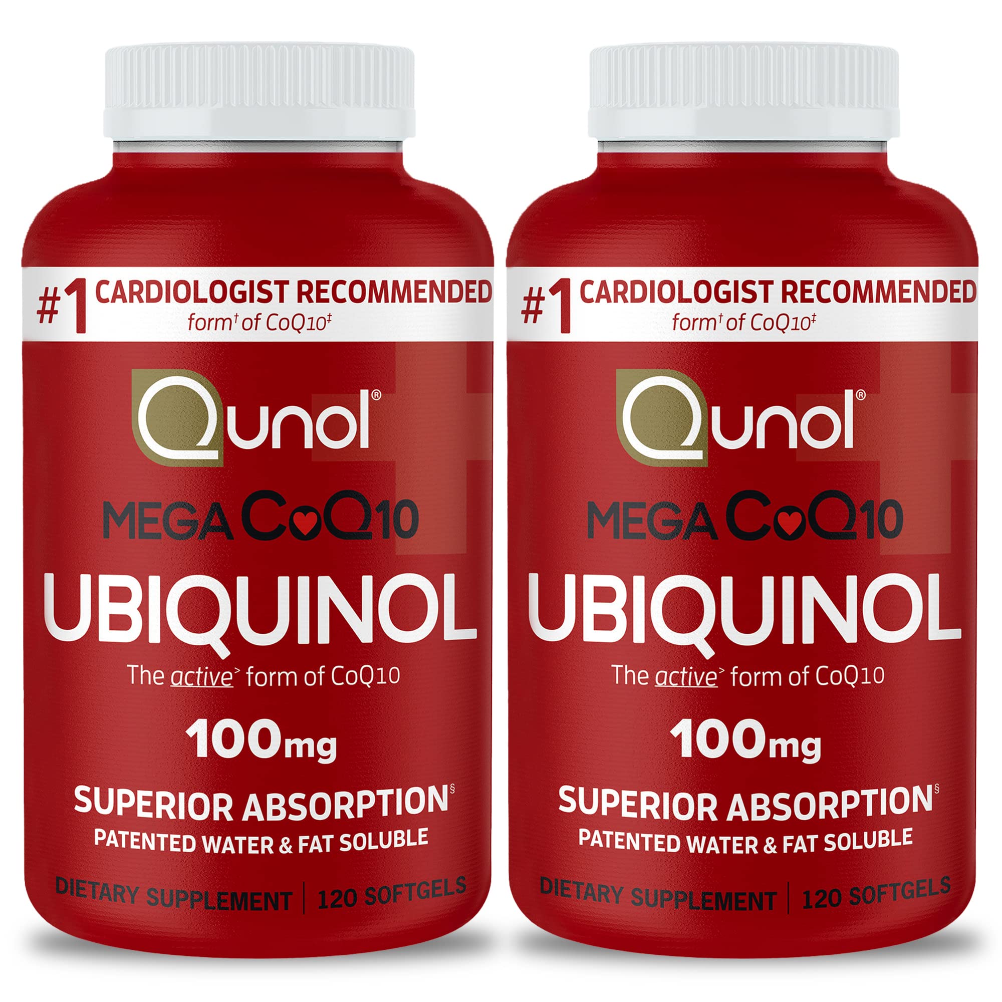 Qunol Mega Ubiquinol CoQ10 100mg softgels bottle for daily heart support.