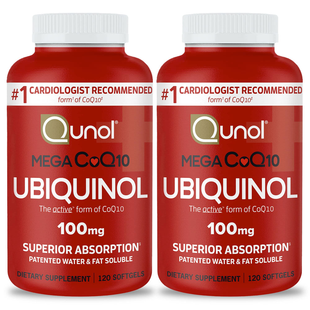 Qunol Mega Ubiquinol CoQ10 100mg softgels bottle for daily heart support.