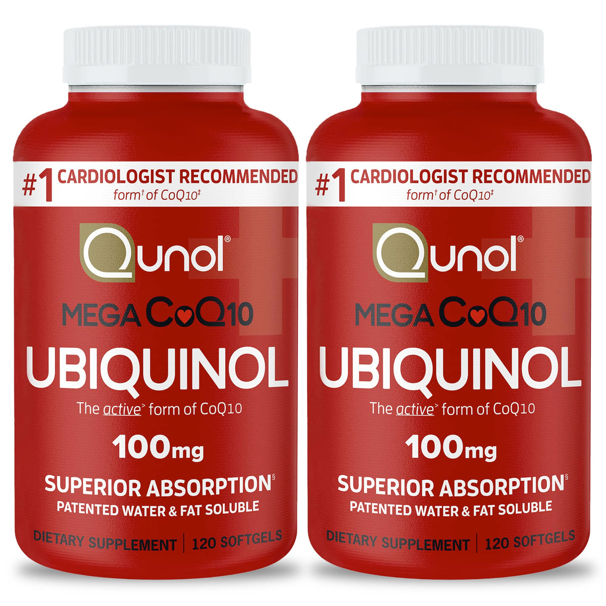 Qunol Mega Ubiquinol CoQ10 100mg softgels bottle for daily heart support.