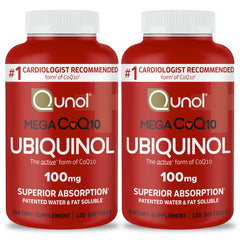 Qunol Mega Ubiquinol CoQ10 100mg softgels bottle for daily heart support.