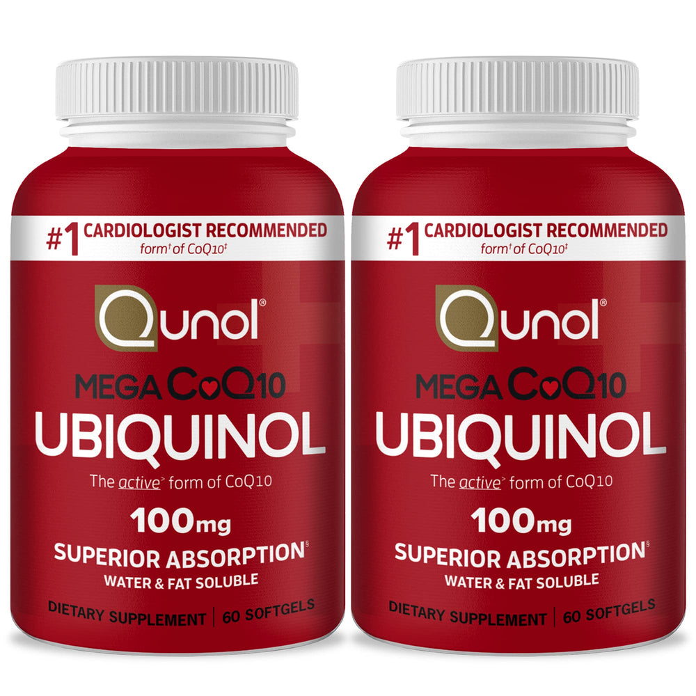 Qunol Mega Ubiquinol CoQ10 bottle front highlights absorption focus