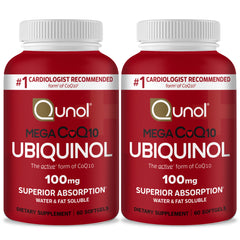 Qunol Mega Ubiquinol CoQ10 bottle front highlights absorption focus