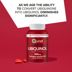 Qunol Mega Ubiquinol CoQ10 label close up emphasizes 100 mg ubiquinol