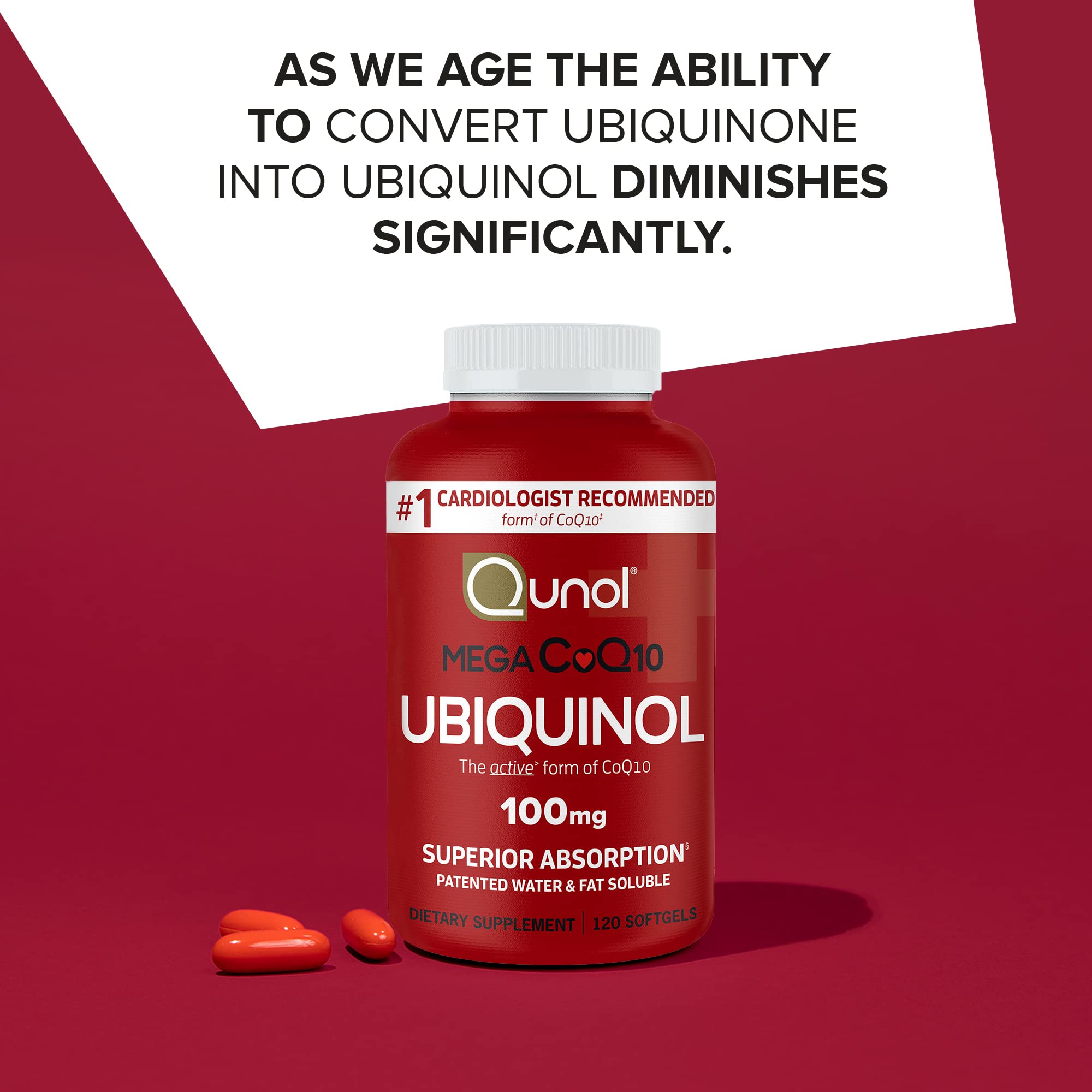 Close-up of Qunol ubiquinol softgels showing smooth capsules.