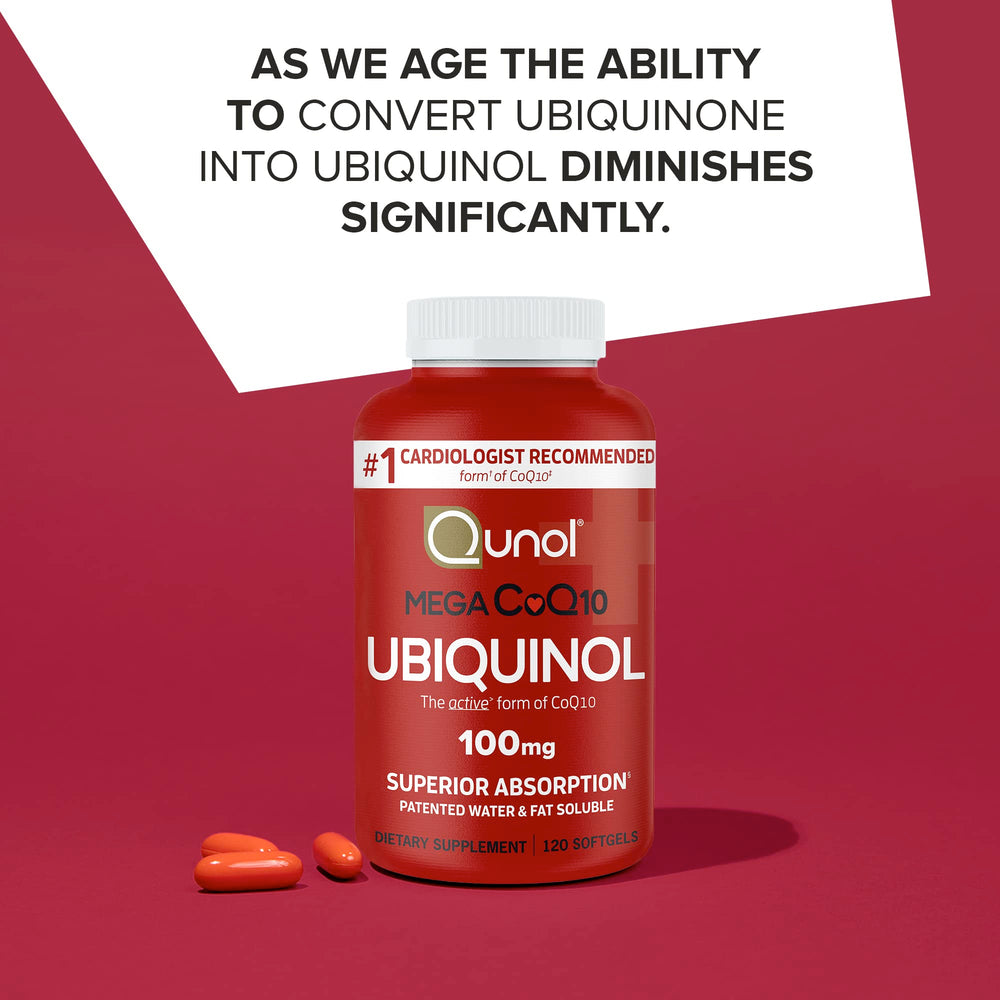 Close-up of Qunol ubiquinol softgels showing smooth capsules.