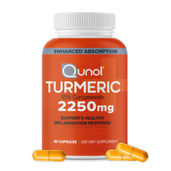 Qunol Turmeric bottle front with 2250mg curcumin for potential joint support.