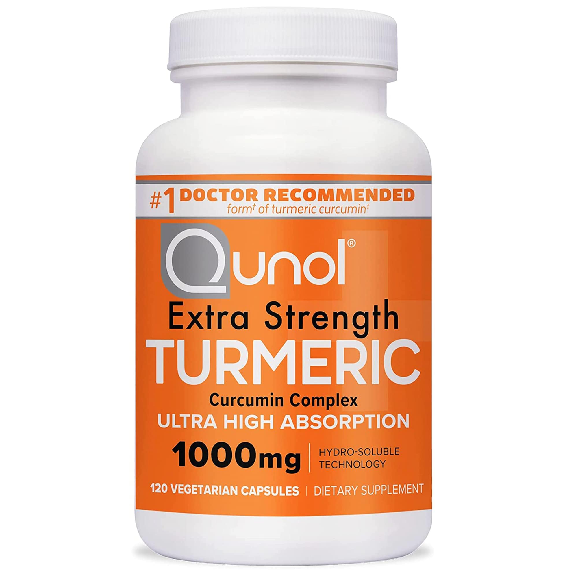 Qunol Turmeric Curcumin bottle shown for daily use with ultra high absorption potential.