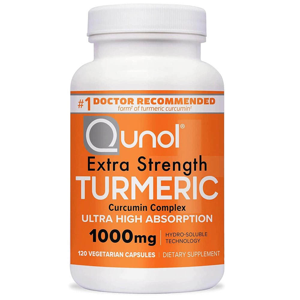 Qunol Turmeric Curcumin bottle shown for daily use with ultra high absorption potential.