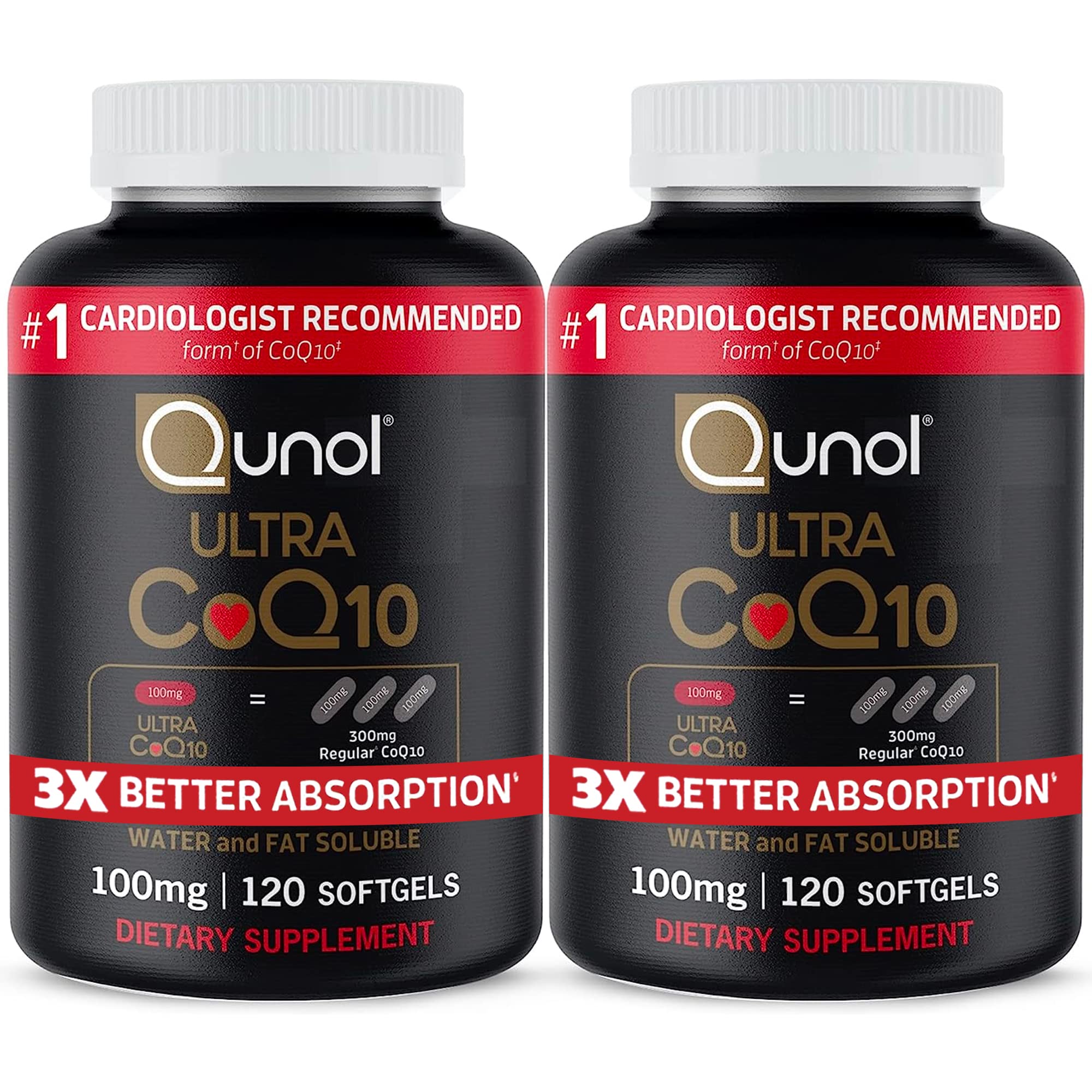 Qunol Ultra CoQ10 bottle front shows the 100 mg formula for daily energy support.