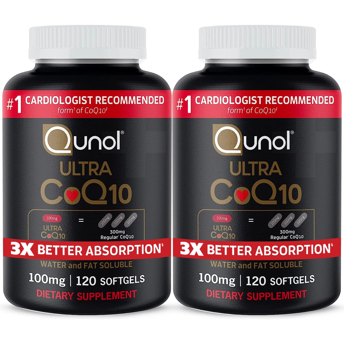 Qunol Ultra CoQ10 bottle front shows the 100 mg formula for daily energy support.