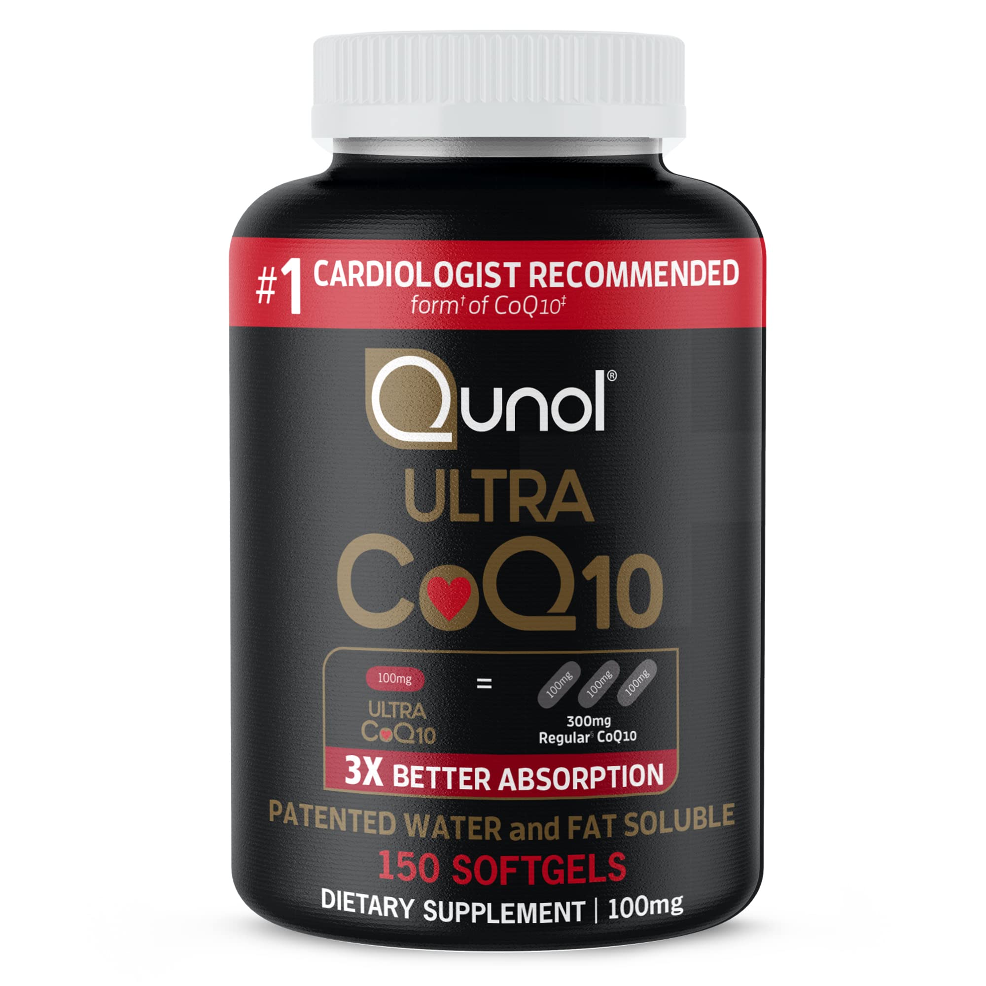 Qunol Ultra CoQ10 bottle front view for heart support and energy production.