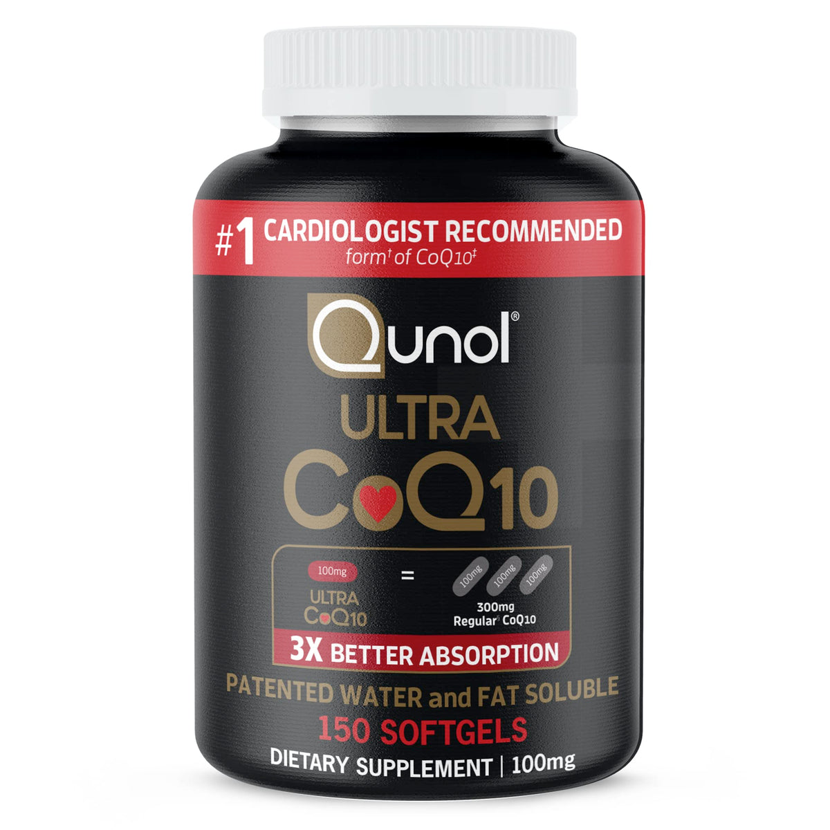Qunol Ultra CoQ10 bottle front view for heart support and energy production.