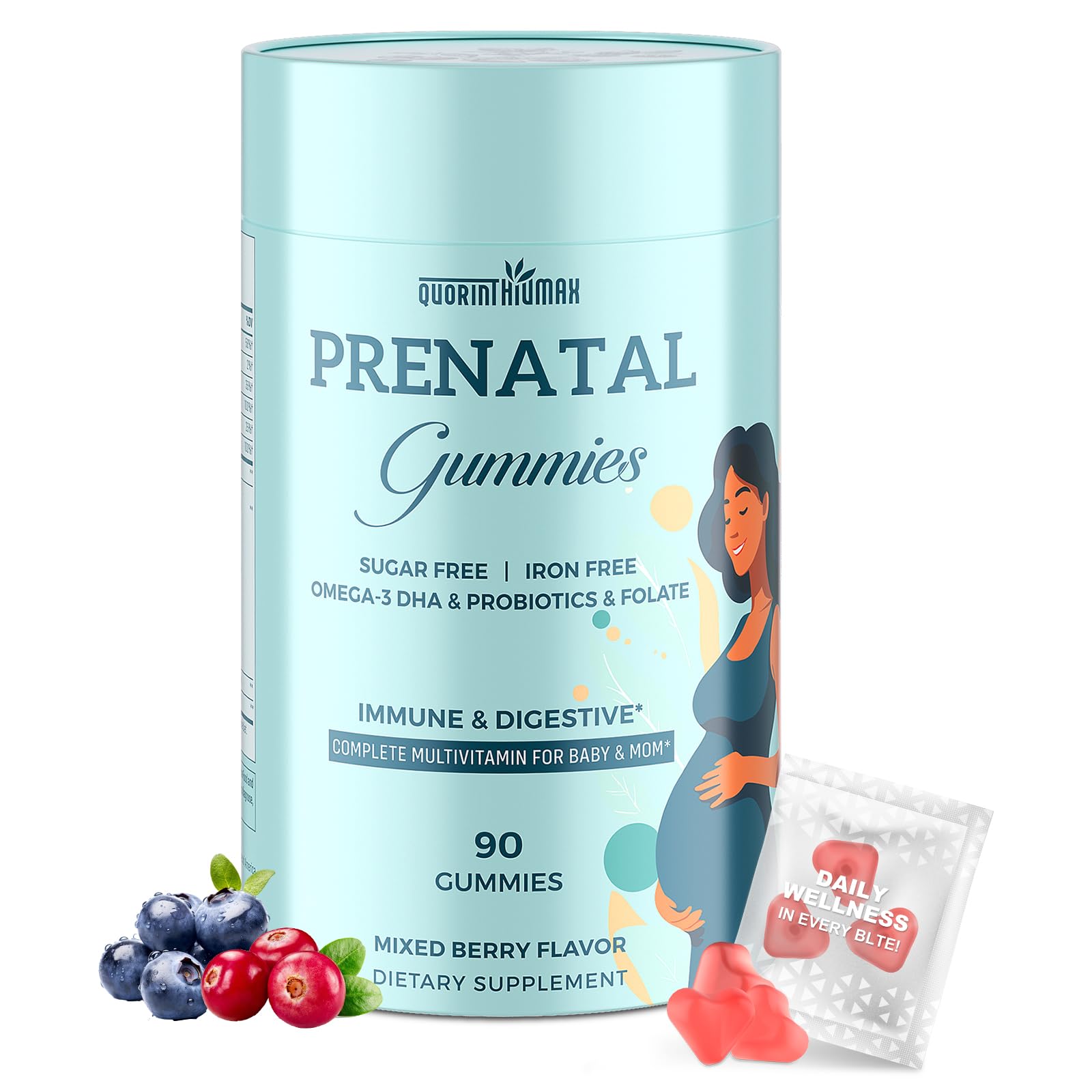 Quorinthiumax Prenatal Gummies DHA bottle shows convenient DHA support for development.