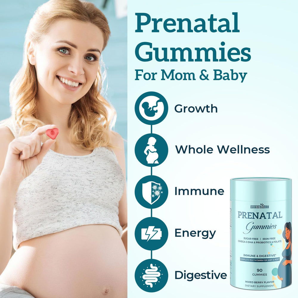Quorinthiumax Prenatal Gummies ingredients panel highlights essential prenatal vitamins.