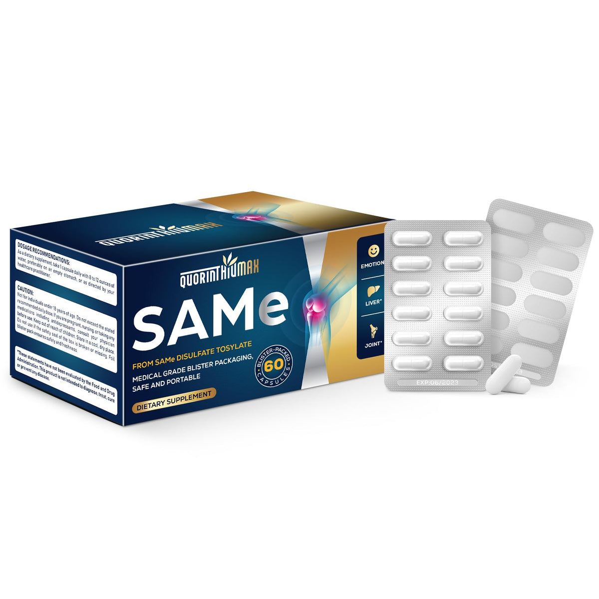 Quorinthiumax SAM-e 500mg bottle shows blister-pack freshness for daily use.