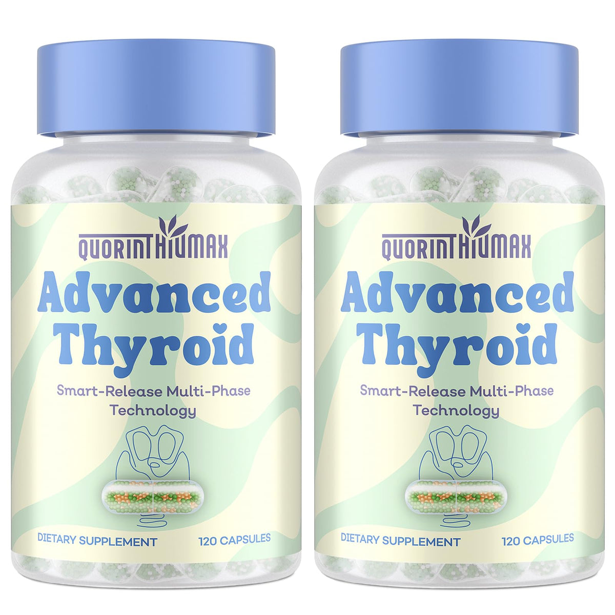 Quorinthiumax thyroid-support bottle front showing 120 capsules for a monthly routine.
