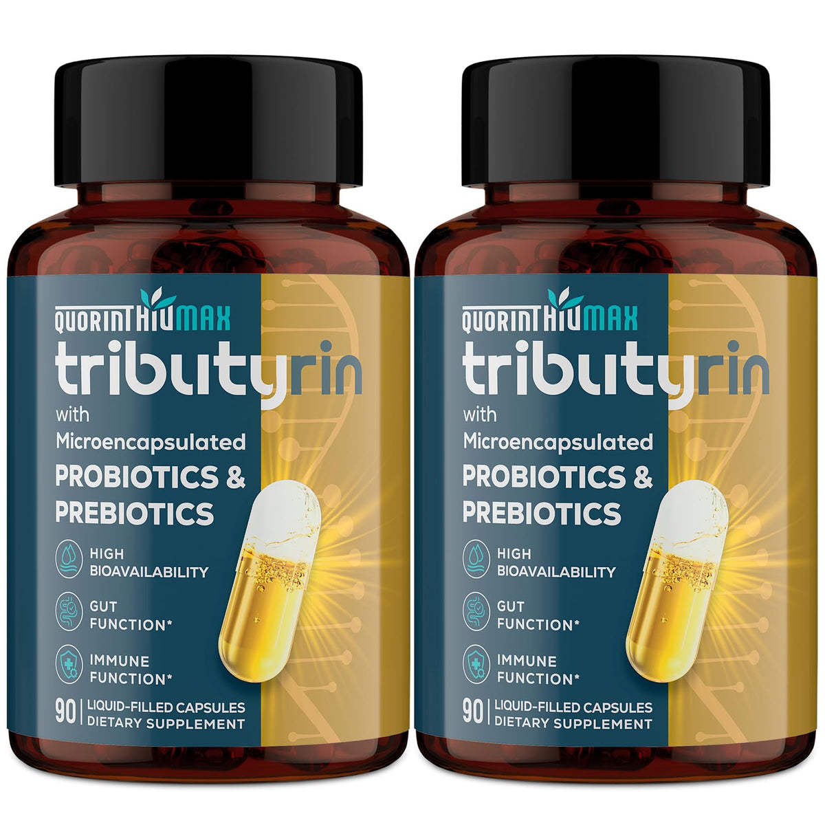 Quorinthiumax Tributyrin liquid-filled capsules for easy daily intake and absorption.
